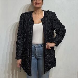 Tan Chho Black Beaded Silk Vintage Embellished Jacket Sz XL